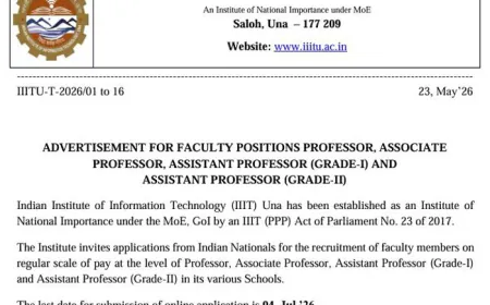 IIIT ऊना फैकल्टी भर्ती 2026 : प्रोफेसर सहित 26 पदों पर आवेदन, AI और डेटा साइंस विशेषज्ञों को मौका