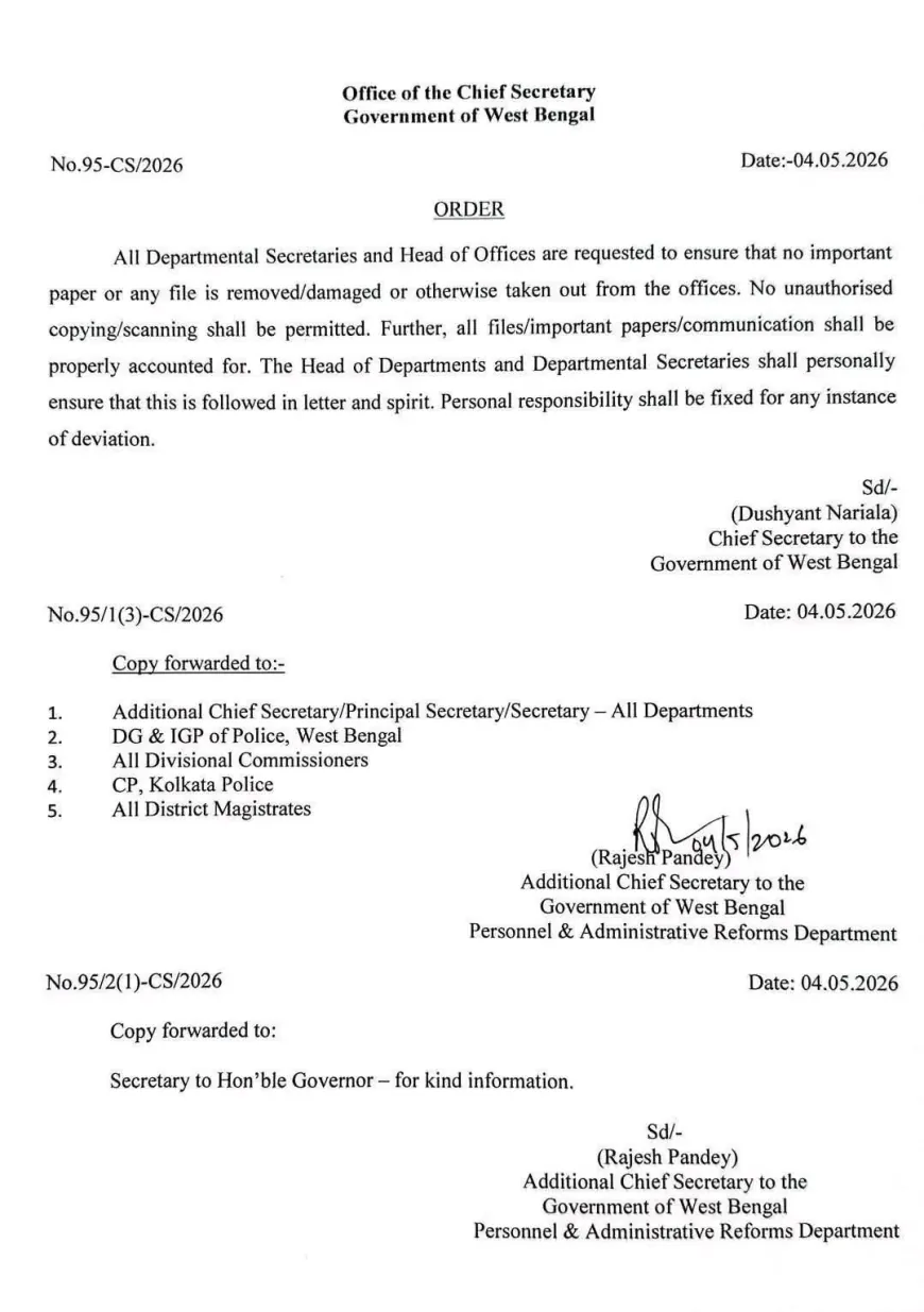 पश्चिम बंगाल सरकार ने फ़ाइल सुरक्षा पर सख़्त आदेश जारी किया; अधिकारियों पर होगी व्यक्तिगत जवाबदेही