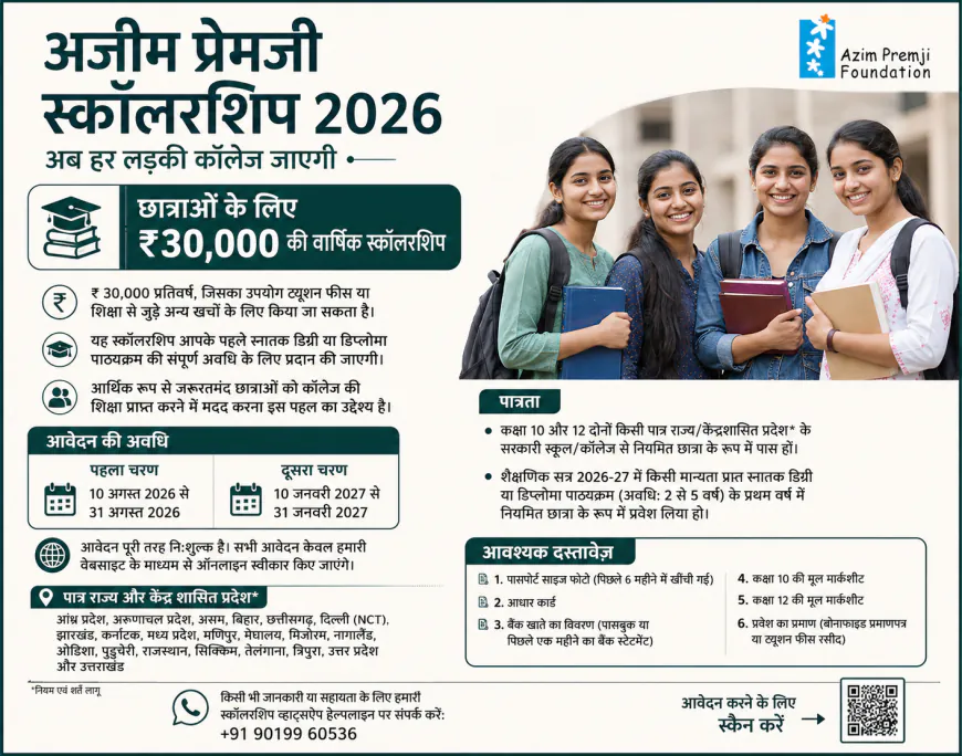 अजीम प्रेमजी स्कॉलरशिप 2026: छात्राओं को हर साल ₹30,000, 10 अगस्त से आवेदन शुरू